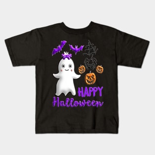 Pumpkin baby girl ghost Kawaii bat spider Happy Halloween violet orange black dots ribbon 3D tridimensional 317 Kids T-Shirt